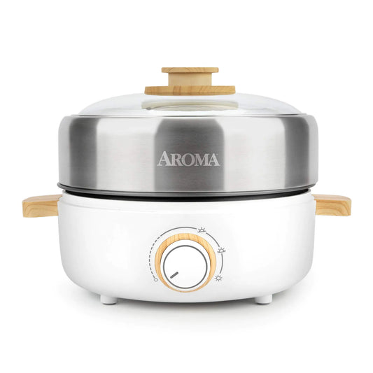 Aroma DualCook Indoor Grill and Hot Pot with Bamboo Handles - 2.5L
